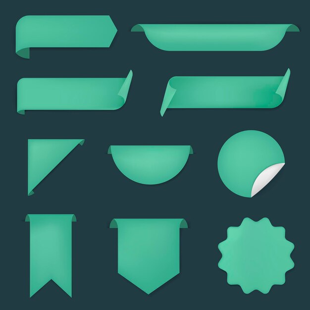 Etiqueta engomada de la bandera verde, conjunto de imágenes prediseñadas simple vector en blanco