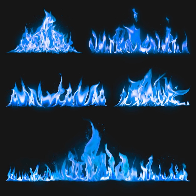 Etiqueta engomada del borde de la llama azul, conjunto de vectores de imagen de fuego realista