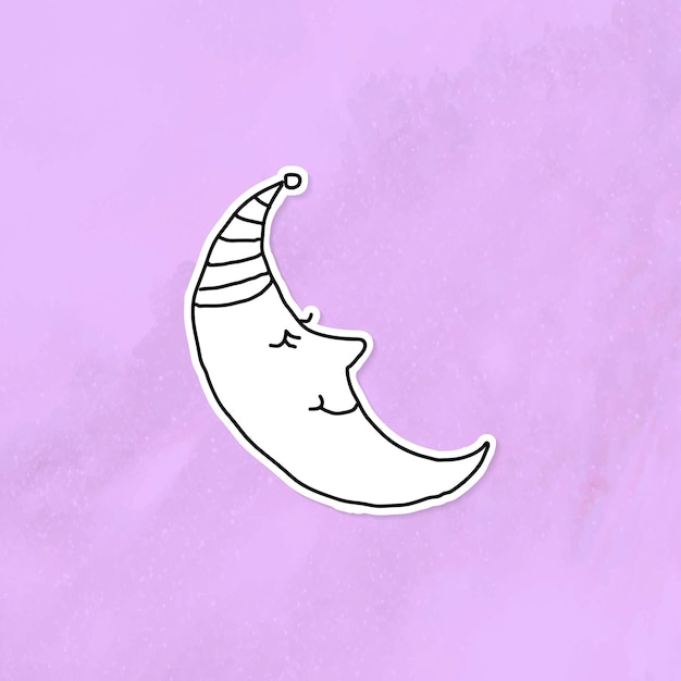 Vector gratuito etiqueta engomada del diario de la luna creciente de doodle durmiendo con un borde blanco en un vector de fondo púrpura