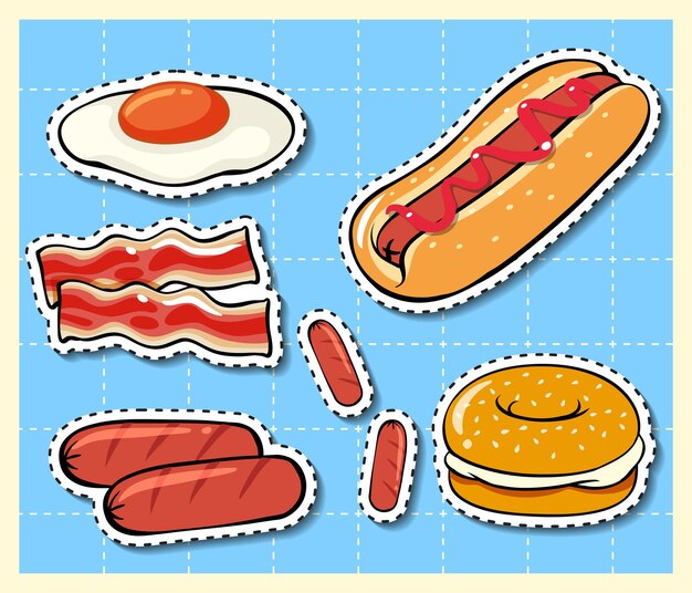 Etiqueta engomada de dibujos animados de alimentos mixtos en el fondo de la cuadrícula