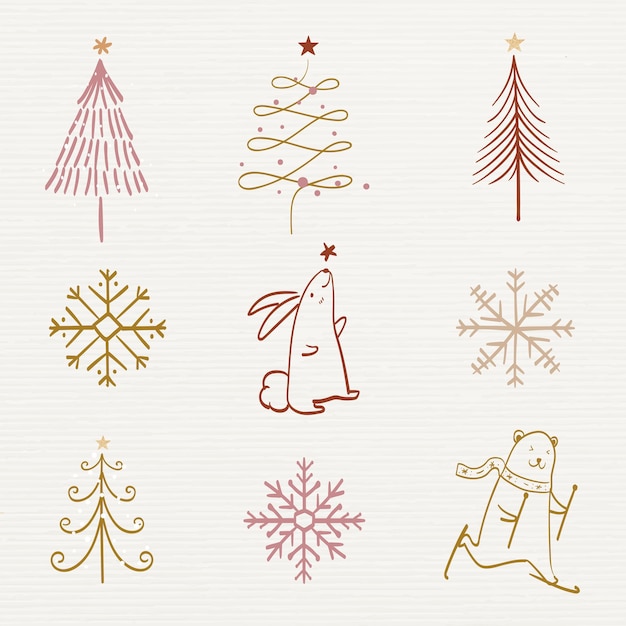 Etiqueta engomada del doodle de navidad, lindo árbol y colección de vectores de ilustración de animales