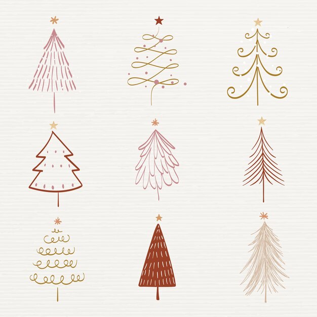 Etiqueta engomada del doodle de Navidad, lindo árbol y colección de vectores de ilustración de animales