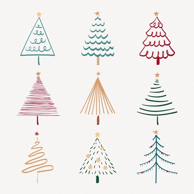 Etiqueta engomada del doodle de navidad, lindo árbol e ilustración de animales en rojo y verde conjunto de vectores