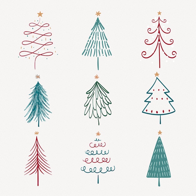 Vector gratuito etiqueta engomada del doodle de navidad, lindo árbol e ilustración de animales en rojo y verde conjunto de vectores
