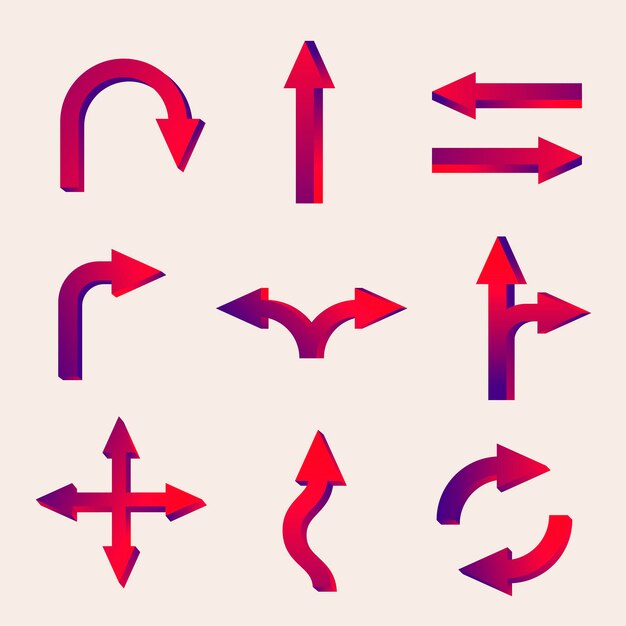 Etiqueta engomada de la flecha, vector de señal de tráfico en conjunto de diseño degradado rojo