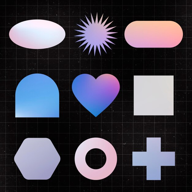 Etiqueta engomada de la forma geométrica, conjunto de imágenes prediseñadas planas de color pastel holográfico