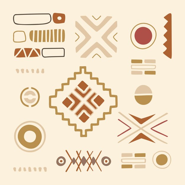 Etiqueta engomada de la forma tribal, diseño geométrico del doodle marrón, conjunto de vectores