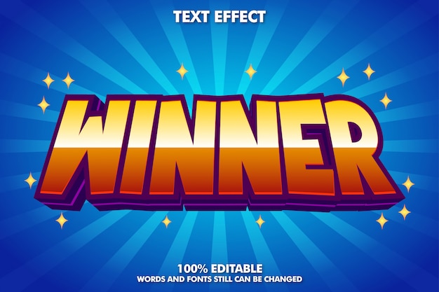 Etiqueta engomada del ganador, efecto de texto de dibujos animados editable