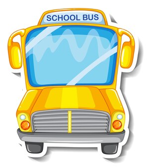 Etiqueta engomada de la historieta del autobús escolar en el fondo blanco
