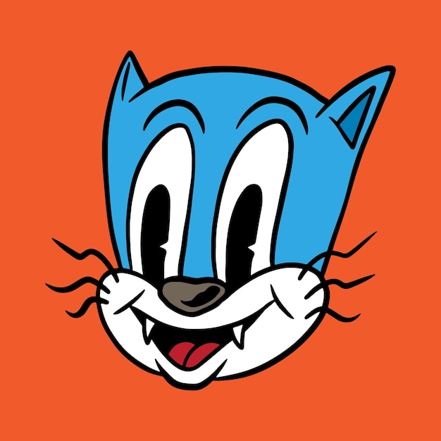 Etiqueta engomada de la historieta del gato azul lindo en el vector de fondo naranja