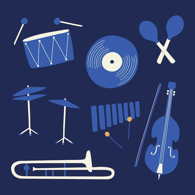 Etiqueta engomada de los instrumentos de la música de jazz, diseño retro, gráfico de entretenimiento en la colección de vectores azules