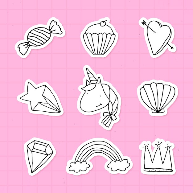 Etiqueta engomada linda del estilo del garabato con un borde blanco en un vector de fondo rosa