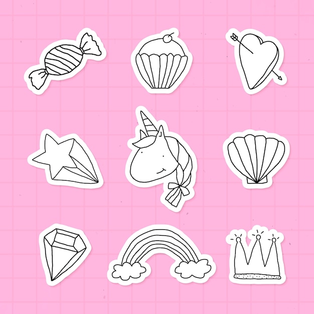 Etiqueta engomada linda del estilo del garabato con un borde blanco en un vector de fondo rosa