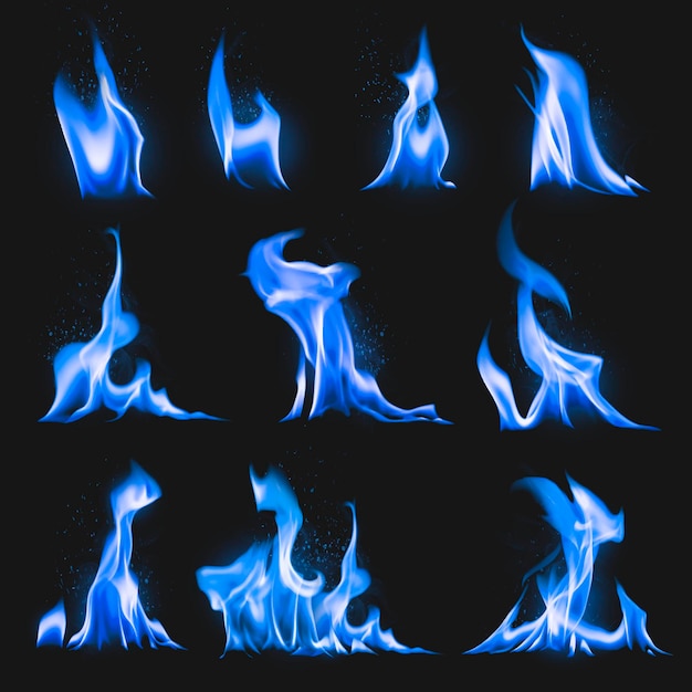 Etiqueta engomada de la llama azul, conjunto de vectores de imagen de fuego realista