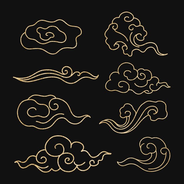 Etiqueta engomada de la nube oriental, colección de vectores de imágenes prediseñadas de diseño japonés dorado
