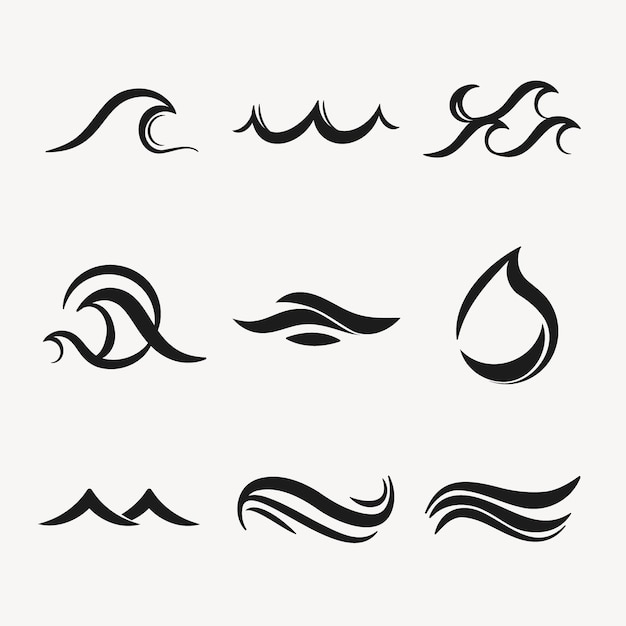 Etiqueta engomada de la onda del mar, clipart de agua animada, elemento de logotipo negro para el conjunto de vectores de negocios