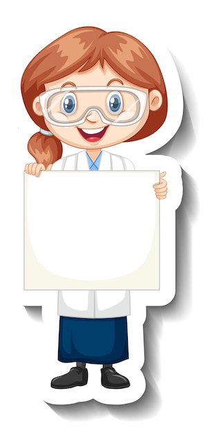 Vector gratuito etiqueta engomada del personaje de dibujos animados con una chica en bata de ciencia sosteniendo pancarta vacía