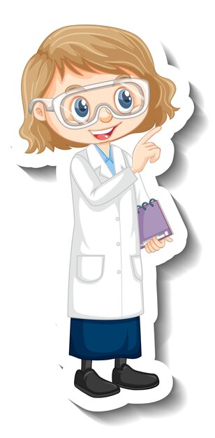 Etiqueta engomada del personaje de dibujos animados con una chica en bata de ciencia