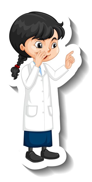 Etiqueta engomada del personaje de dibujos animados con una chica en bata de ciencia