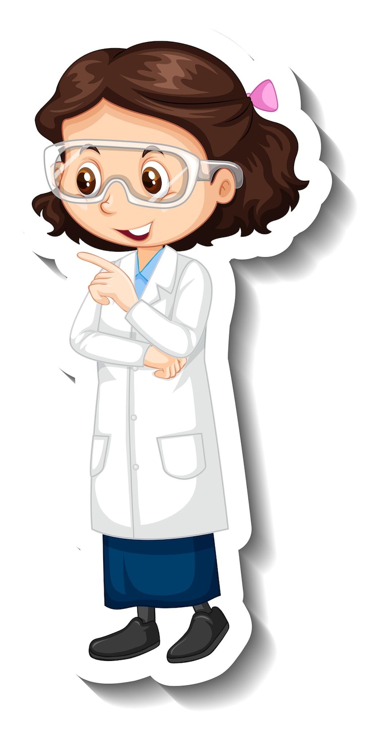 Vector gratuito etiqueta engomada del personaje de dibujos animados con una chica en bata de ciencia