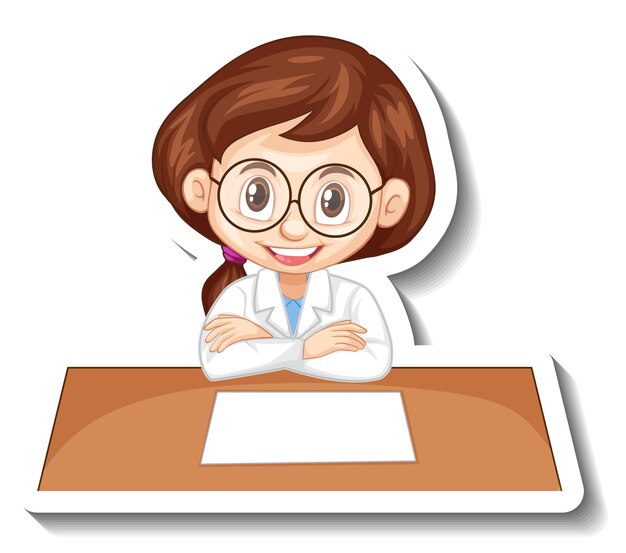Etiqueta engomada del personaje de dibujos animados con una chica en bata de ciencia