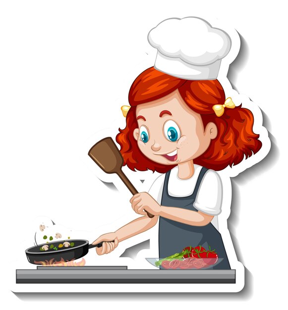 Etiqueta engomada del personaje de dibujos animados con chica chef cocinando