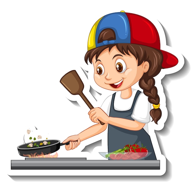 Etiqueta engomada del personaje de dibujos animados con chica chef cocinando