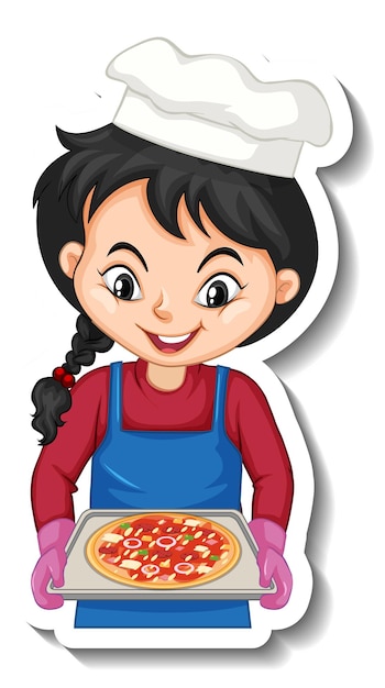 Vector gratuito etiqueta engomada del personaje de dibujos animados con chica chef sosteniendo bandeja de pizza