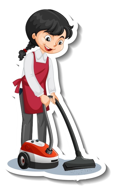 Etiqueta engomada del personaje de dibujos animados con una empleada doméstica con aspiradora