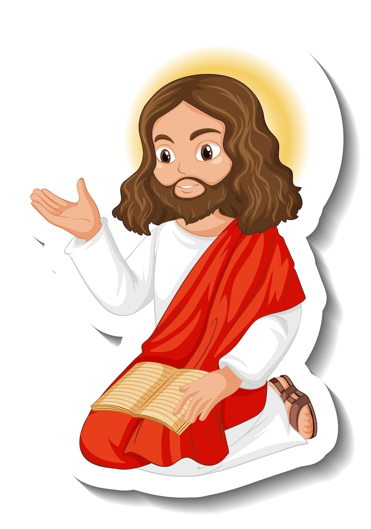 Vector gratuito etiqueta engomada del personaje de dibujos animados de jesucristo sobre fondo blanco