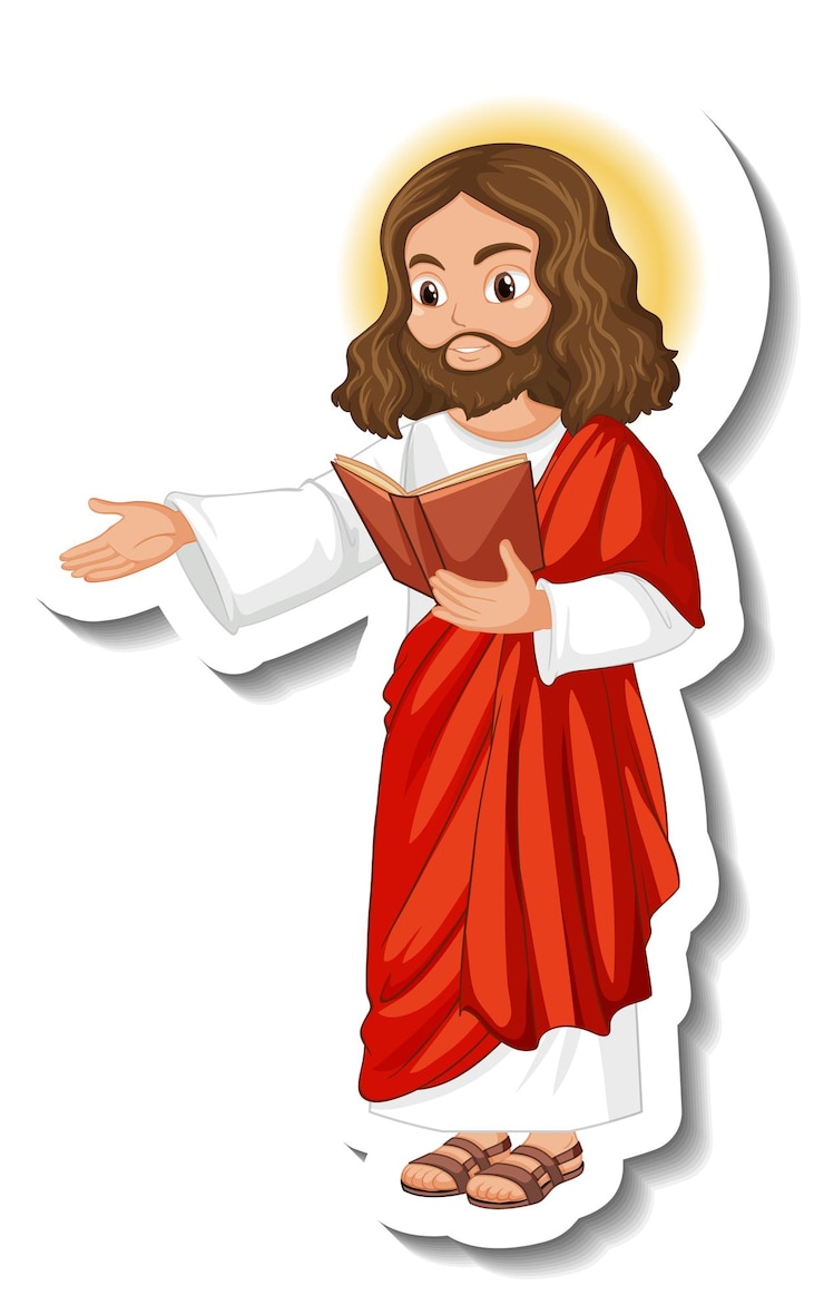 Vector gratuito etiqueta engomada del personaje de dibujos animados de jesucristo sobre fondo blanco