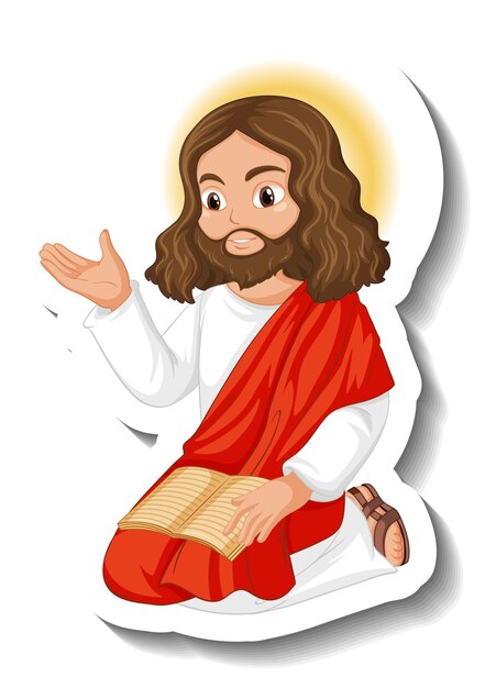 Etiqueta engomada del personaje de dibujos animados de Jesucristo sobre fondo blanco