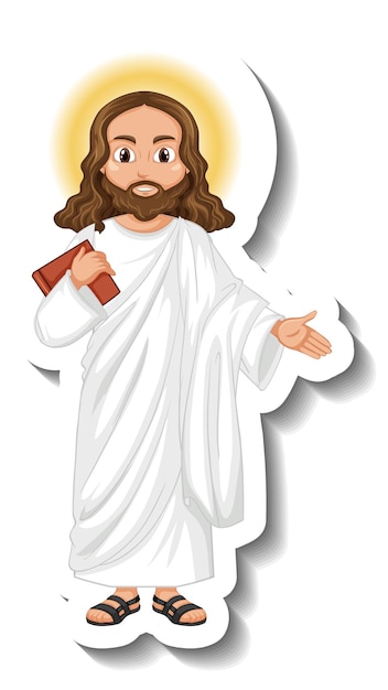 Etiqueta engomada del personaje de dibujos animados de Jesucristo sobre fondo blanco