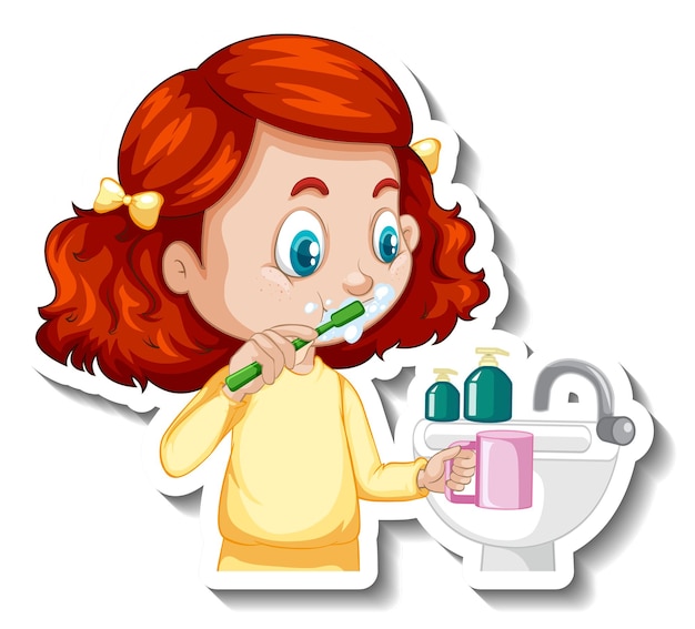 Vector gratuito etiqueta engomada del personaje de dibujos animados con una niña cepillándose los dientes