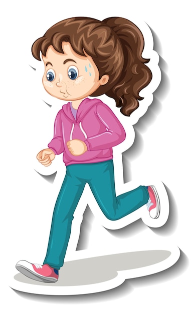 Vector gratuito etiqueta engomada del personaje de dibujos animados con una niña corriendo sobre fondo blanco