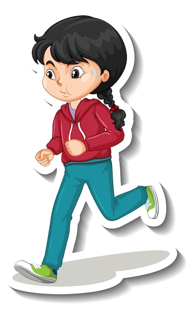 Etiqueta engomada del personaje de dibujos animados con una niña corriendo sobre fondo blanco