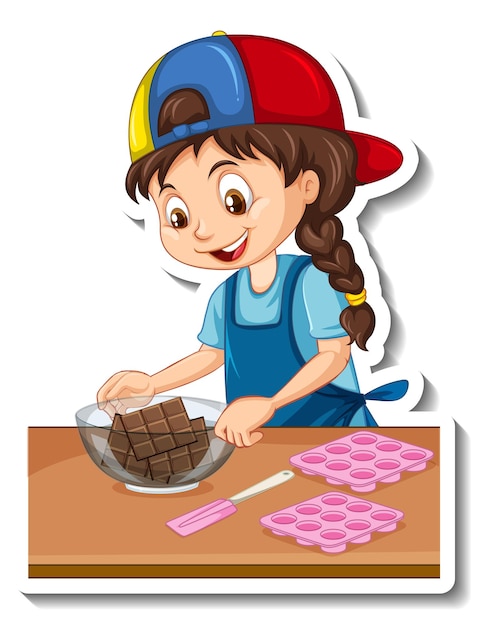 Vector gratuito etiqueta engomada del personaje de dibujos animados una niña con equipos para hornear