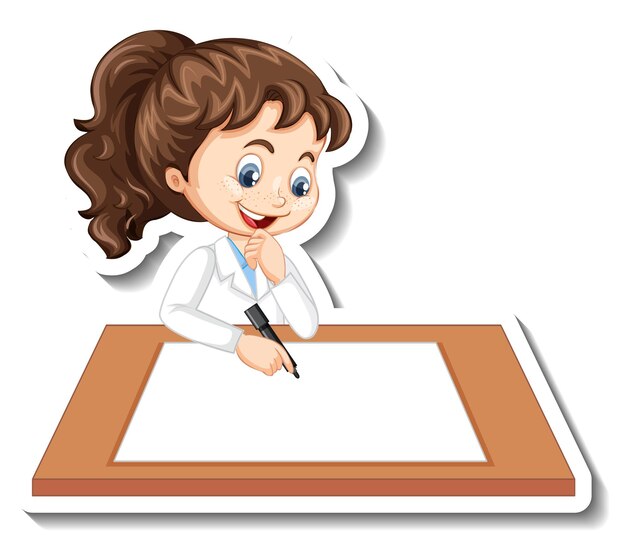 Etiqueta engomada del personaje de dibujos animados con una niña escribiendo en papel en blanco