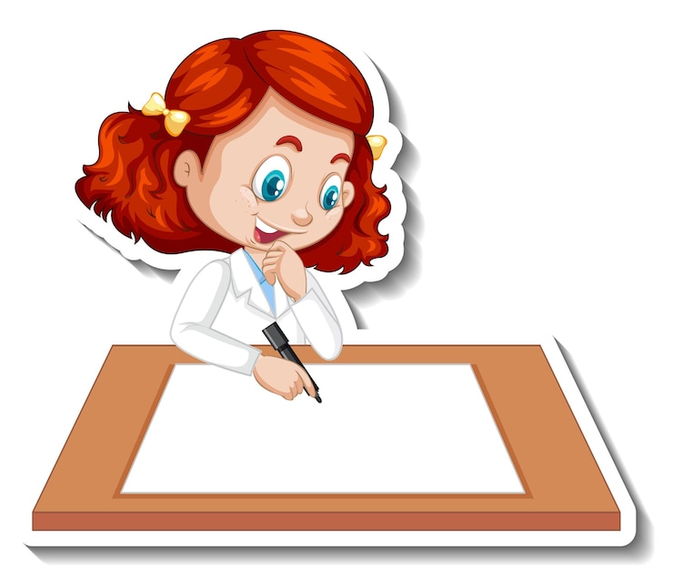 Vector gratuito etiqueta engomada del personaje de dibujos animados con una niña escribiendo en papel en blanco