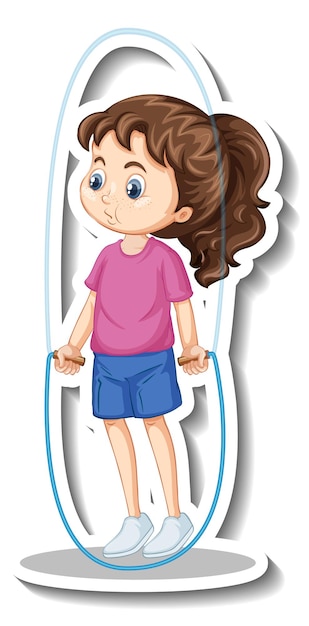 Vector gratuito etiqueta engomada del personaje de dibujos animados con una niña saltando la cuerda