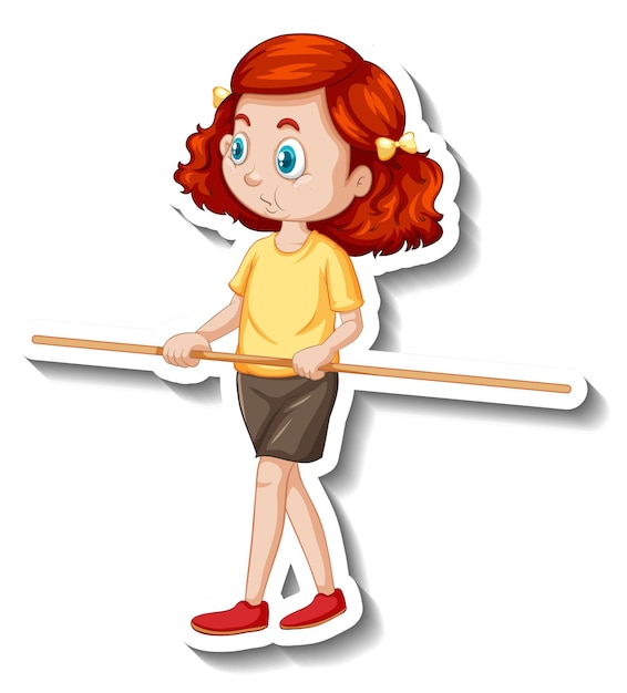 Etiqueta engomada del personaje de dibujos animados con una niña sosteniendo un palo de madera