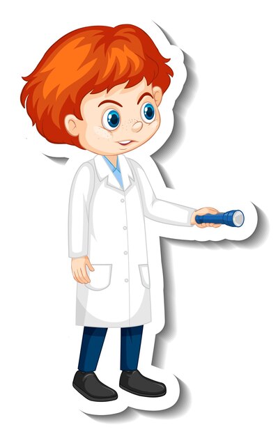 Etiqueta engomada del personaje de dibujos animados con un niño en bata de ciencia
