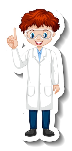 Etiqueta engomada del personaje de dibujos animados con un niño en bata de ciencia