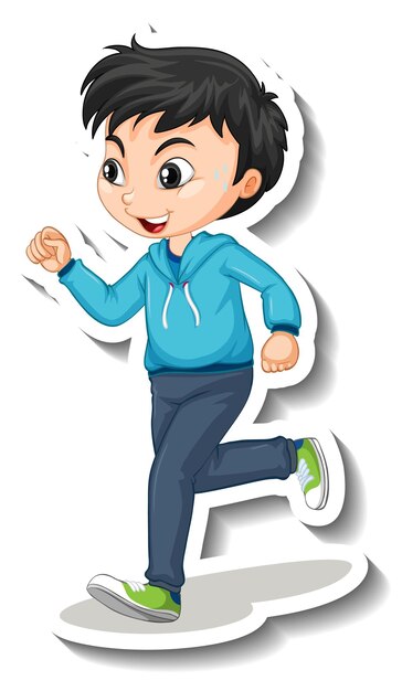Etiqueta engomada del personaje de dibujos animados con un niño corriendo sobre fondo blanco