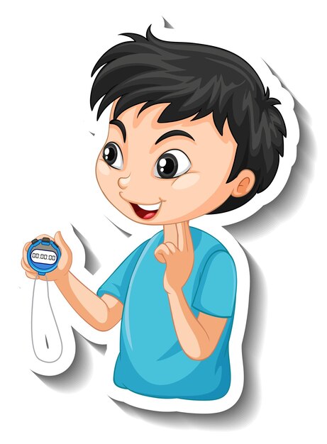 Etiqueta engomada del personaje de dibujos animados con niño entrenador deportivo sosteniendo un temporizador