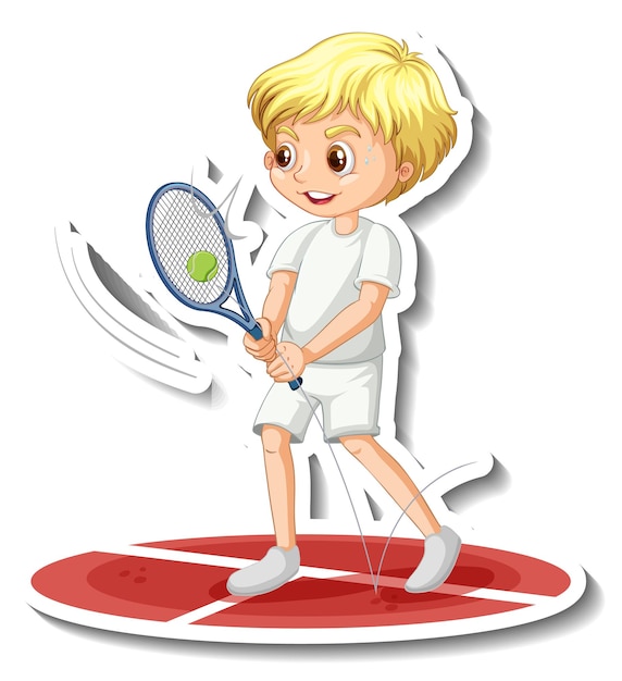 Etiqueta engomada del personaje de dibujos animados con un niño jugando al tenis