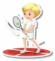 Vector gratuito etiqueta engomada del personaje de dibujos animados con un niño jugando al tenis