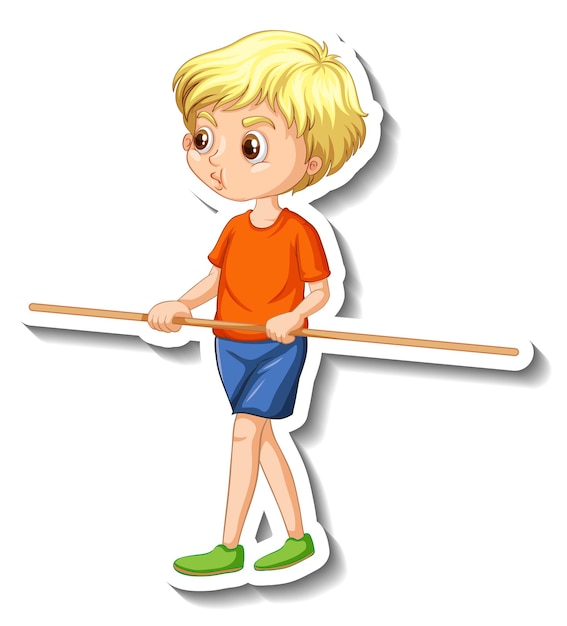 Etiqueta engomada del personaje de dibujos animados con un niño sosteniendo un palo de madera