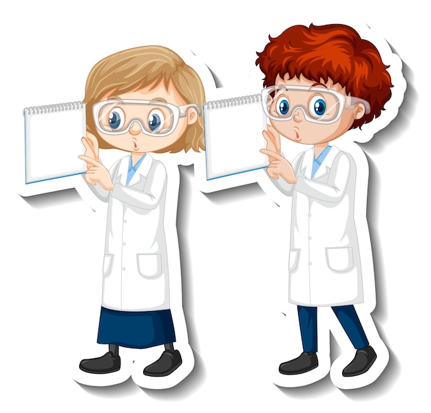 Etiqueta engomada del personaje de dibujos animados con una pareja de científicos en bata de ciencia
