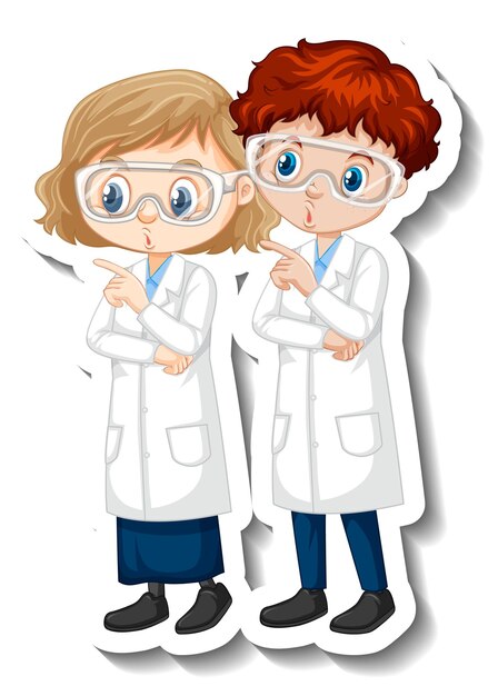 Etiqueta engomada del personaje de dibujos animados con una pareja de científicos en bata de ciencia
